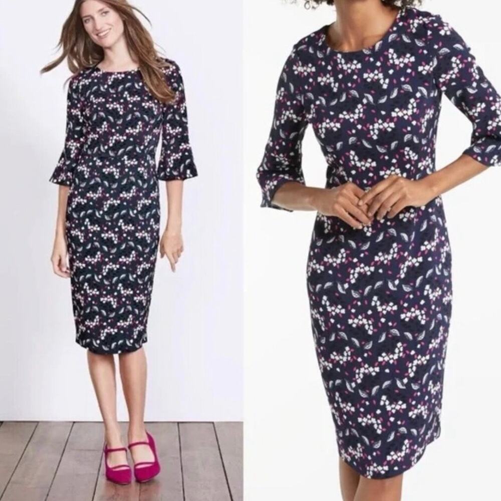 Boden Delia Dress Pink Blue Floral Print Size 4R Half Bell Sleeve Midi